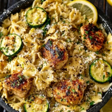 Plate of Lemon Chicken Pasta garnished with fresh herbs and lemon slices