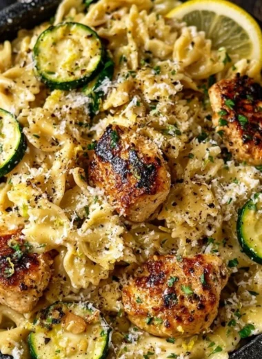 Plate of Lemon Chicken Pasta garnished with fresh herbs and lemon slices