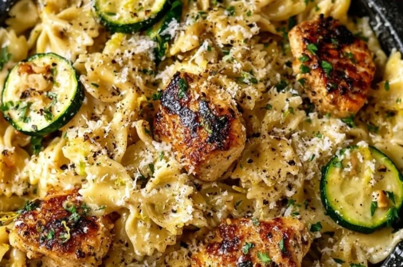 Plate of Lemon Chicken Pasta garnished with fresh herbs and lemon slices
