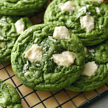 Delicious Matcha White Chocolate Cookies on a plate with green tea background.