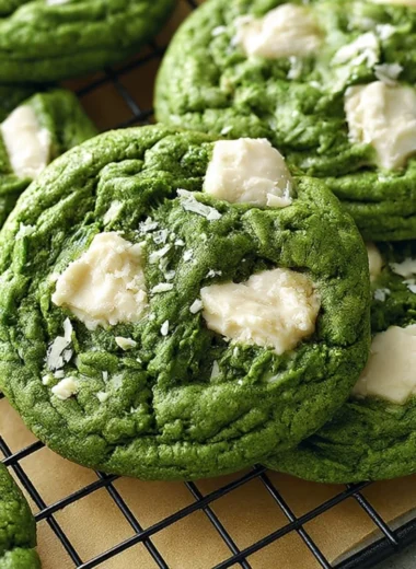 Delicious Matcha White Chocolate Cookies on a plate with green tea background.