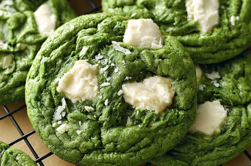 Delicious Matcha White Chocolate Cookies on a plate with green tea background.