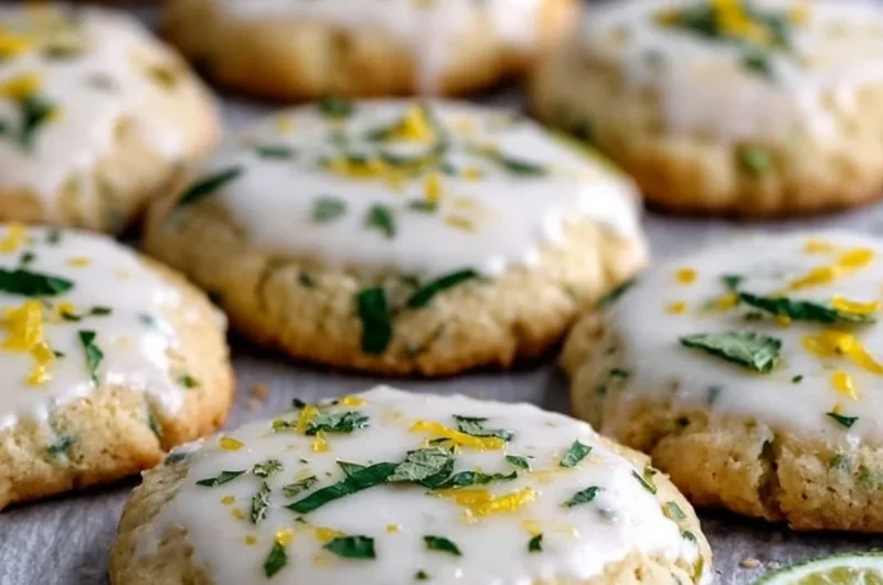 Plate of delicious Mojito Sugar Cookies with mint and lime garnish.