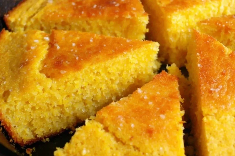 Slice of homemade old-fashioned cornbread served on a rustic wooden table