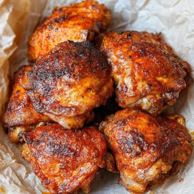 Oven fried chicken thighs served on a plate with sides.