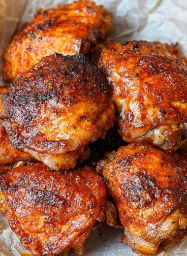 Oven fried chicken thighs served on a plate with sides.