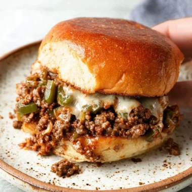 Philly cheesesteak sloppy joes served on a plate with toppings