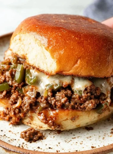 Philly cheesesteak sloppy joes served on a plate with toppings