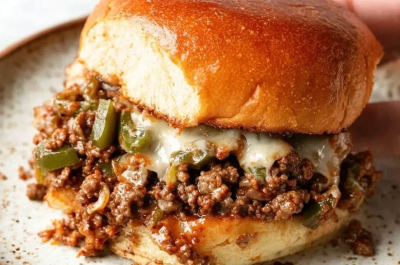 Philly cheesesteak sloppy joes served on a plate with toppings