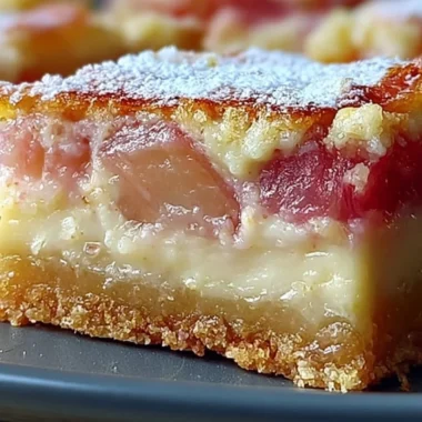 Delicious rhubarb custard bars with a creamy filling and flaky crust.