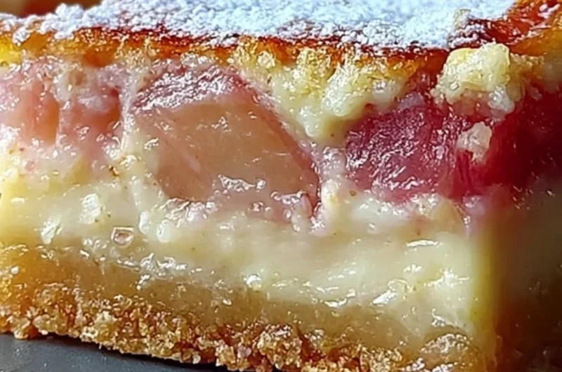Delicious rhubarb custard bars with a creamy filling and flaky crust.