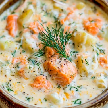 Delicious bowl of homemade Salmon Chowder Soup topped with herbs
