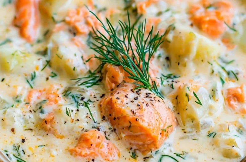 Delicious bowl of homemade Salmon Chowder Soup topped with herbs