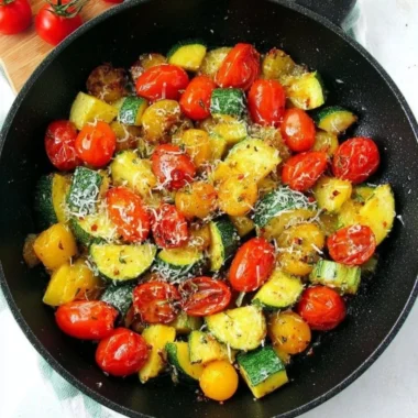 Delicious sautéed summer squash in a pan with herbs and spices