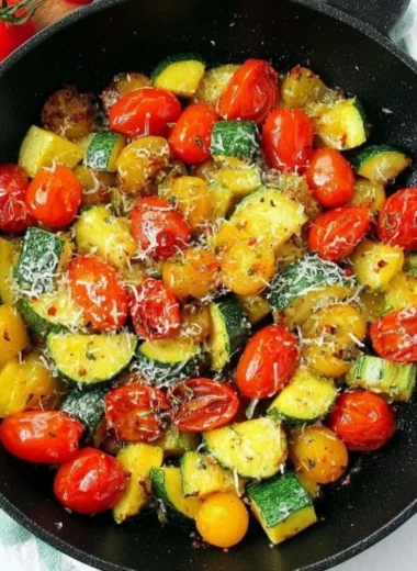 Delicious sautéed summer squash in a pan with herbs and spices