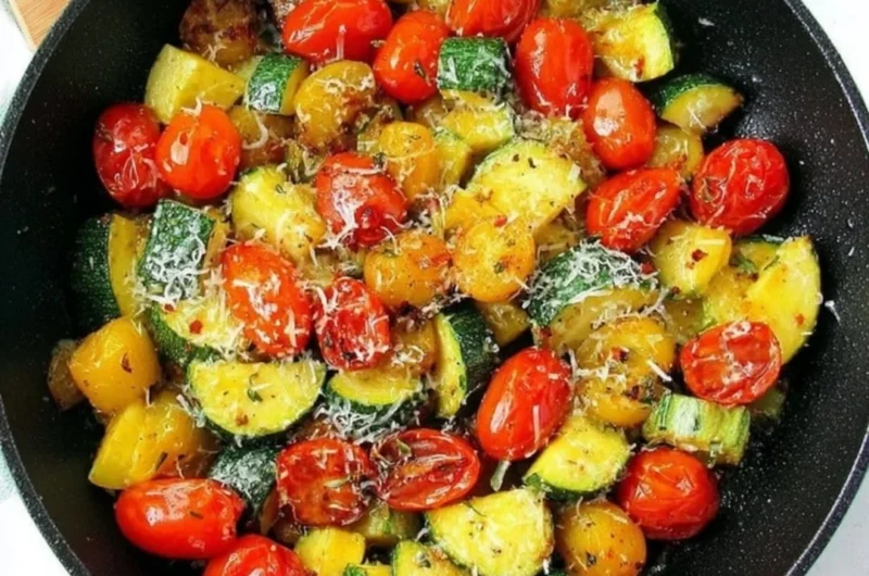 Delicious sautéed summer squash in a pan with herbs and spices