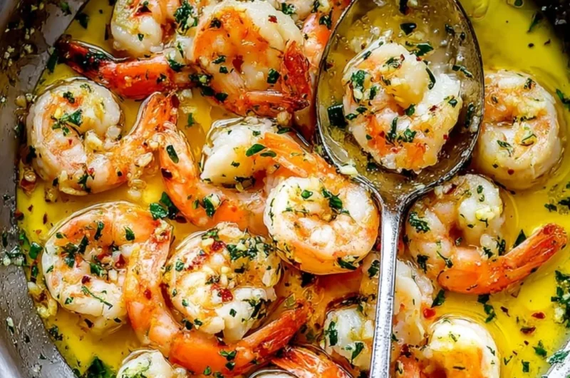 Delicious shrimp scampi with garlic, parsley, and lemon served over pasta.