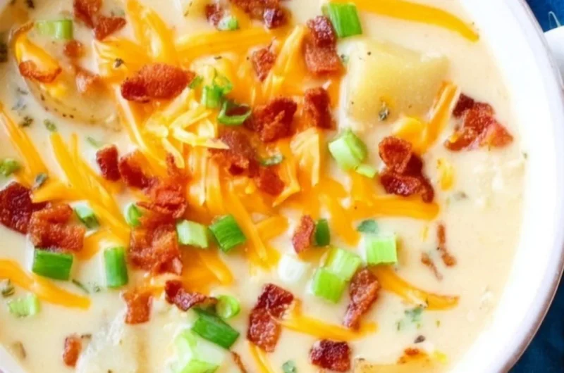 Delicious slow cooker potato soup in a bowl topped with herbs