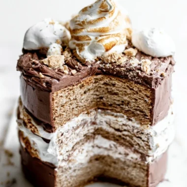Delicious S'mores Layer Cake with chocolate, marshmallows, and graham crackers.