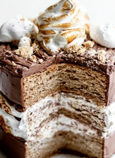Delicious S'mores Layer Cake with chocolate, marshmallows, and graham crackers.