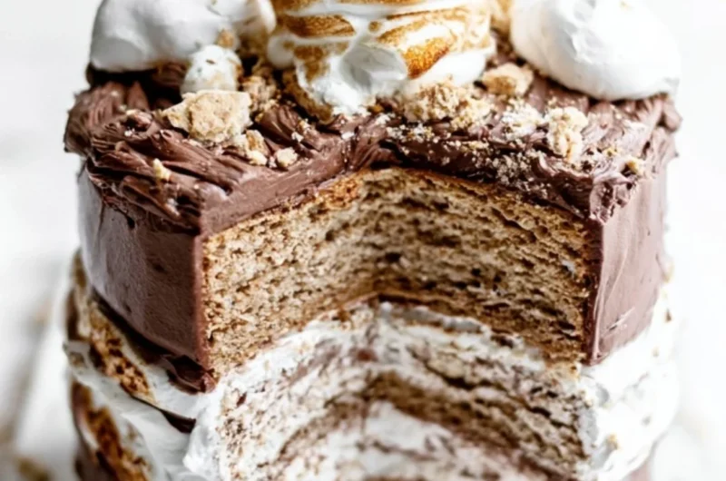 Delicious S'mores Layer Cake with chocolate, marshmallows, and graham crackers.