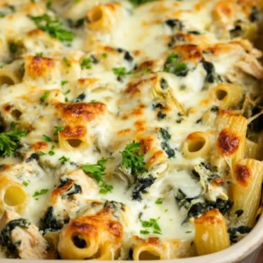 Delicious Spinach Artichoke Chicken Casserole topped with melted cheese