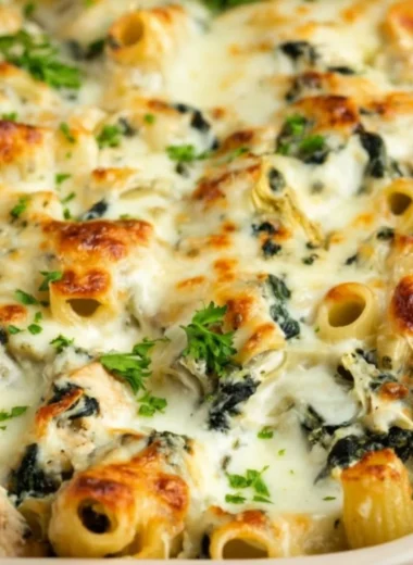 Delicious Spinach Artichoke Chicken Casserole topped with melted cheese