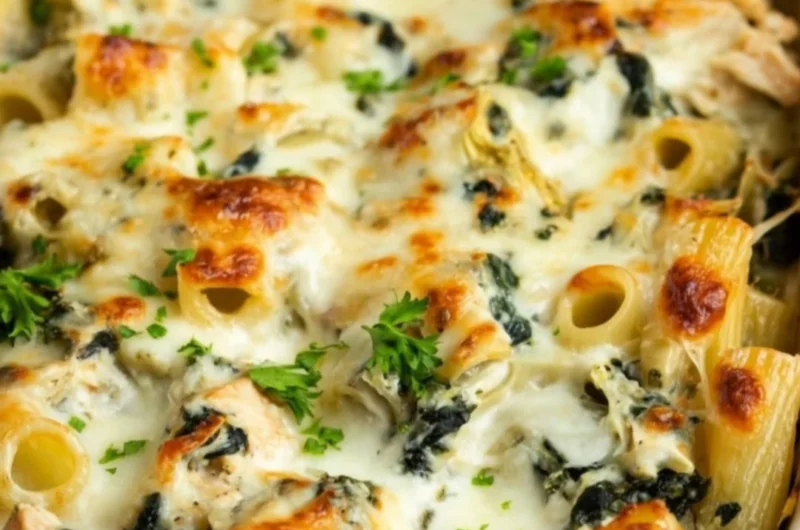 Delicious Spinach Artichoke Chicken Casserole topped with melted cheese