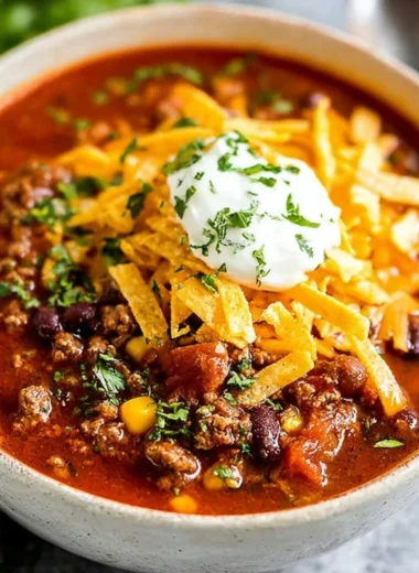 Bowl of flavorful Taco Soup topped with cheese and cilantro