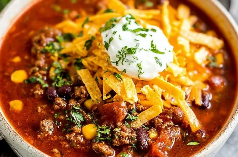 Bowl of flavorful Taco Soup topped with cheese and cilantro