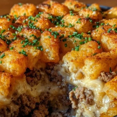 Tater tot casserole with ground beef topped with crispy golden tater tots