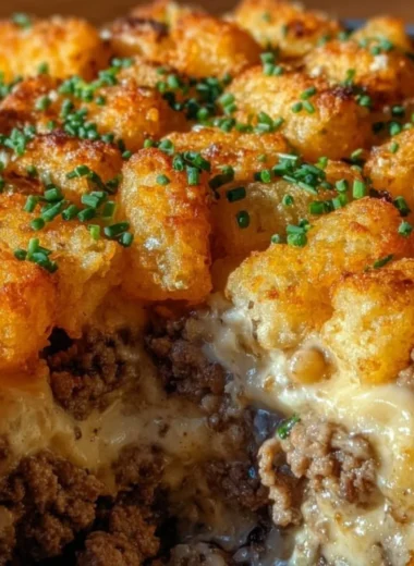 Tater tot casserole with ground beef topped with crispy golden tater tots
