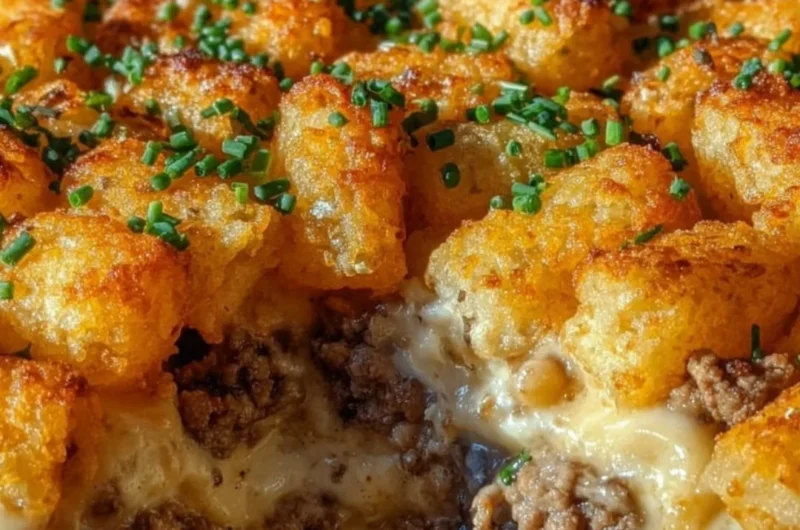 Tater tot casserole with ground beef topped with crispy golden tater tots