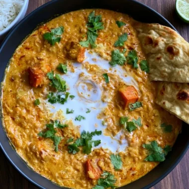 Vegan red lentil sweet potato curry in a bowl, garnished with fresh herbs.