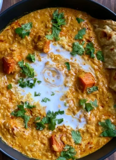Vegan red lentil sweet potato curry in a bowl, garnished with fresh herbs.
