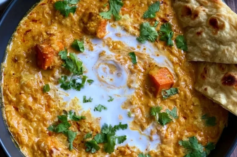 Vegan red lentil sweet potato curry in a bowl, garnished with fresh herbs.