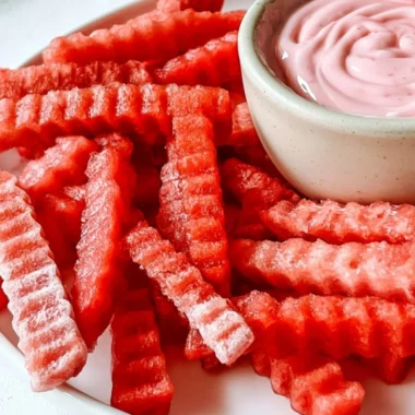 TikTok watermelon fries served with strawberry yogurt dip.