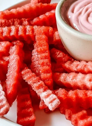 TikTok watermelon fries served with strawberry yogurt dip.