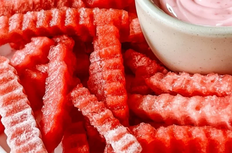 TikTok watermelon fries served with strawberry yogurt dip.