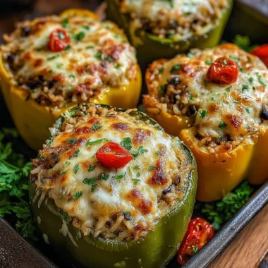 Delicious vegetarian stuffed bell peppers filled with rice and vegetables
