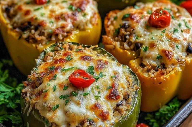 Delicious vegetarian stuffed bell peppers filled with rice and vegetables