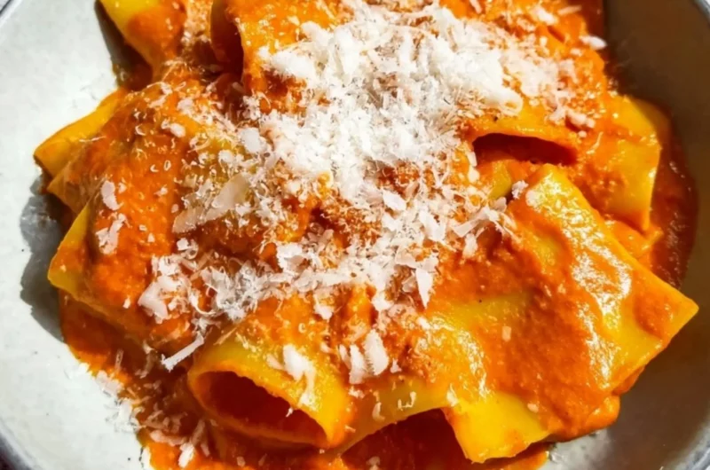 Creamy vodka pasta dish garnished with herbs and Parmesan cheese