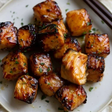 Air Fryer Honey Garlic Salmon Bites served on a plate garnished with herbs.