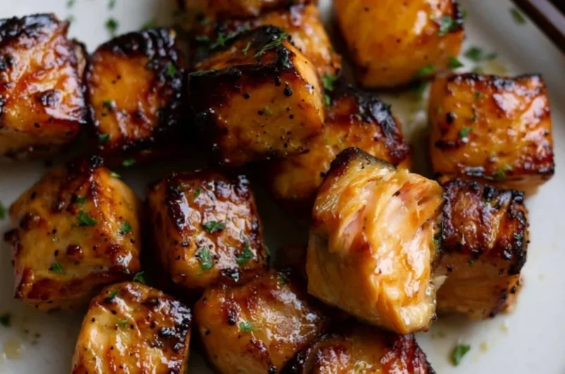 Air Fryer Honey Garlic Salmon Bites served on a plate garnished with herbs.