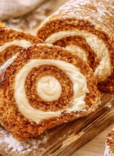 Delicious Copycat Libby's Pumpkin Roll dessert with cream cheese filling