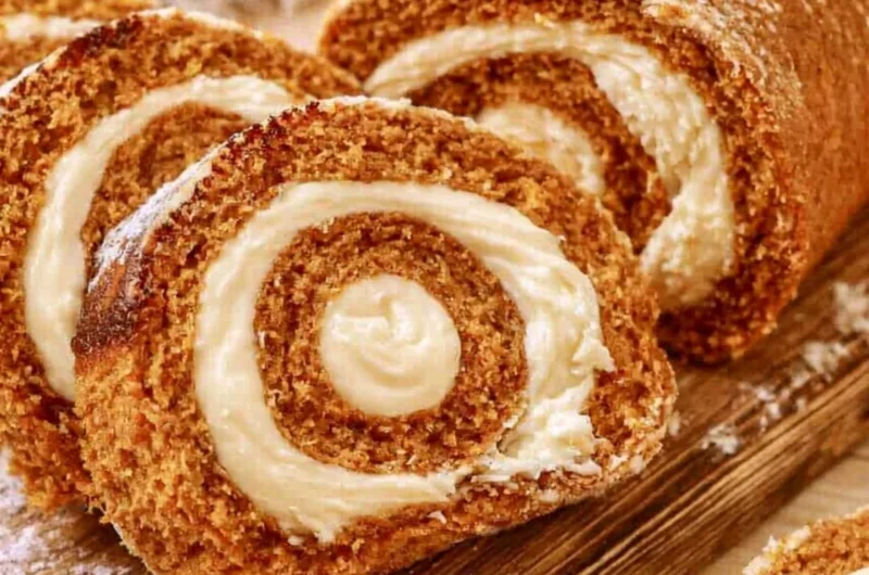 Delicious Copycat Libby's Pumpkin Roll dessert with cream cheese filling