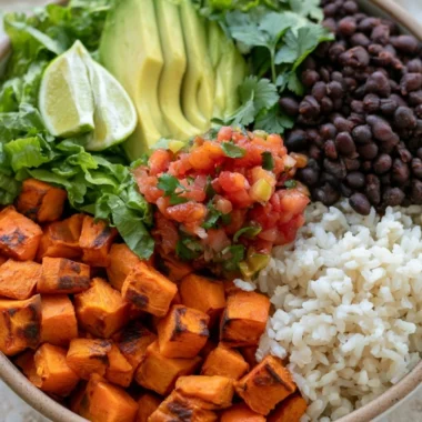 Cozy black bean sweet potato burrito bowls topped with fresh ingredients