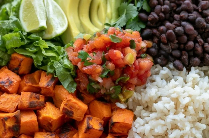 Cozy black bean sweet potato burrito bowls topped with fresh ingredients