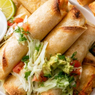 Delicious crispy chicken flautas served with salsa and avocado
