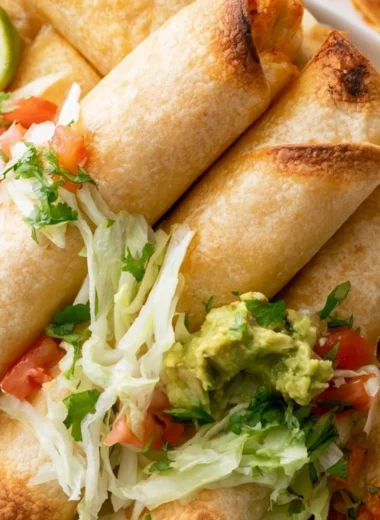 Delicious crispy chicken flautas served with salsa and avocado